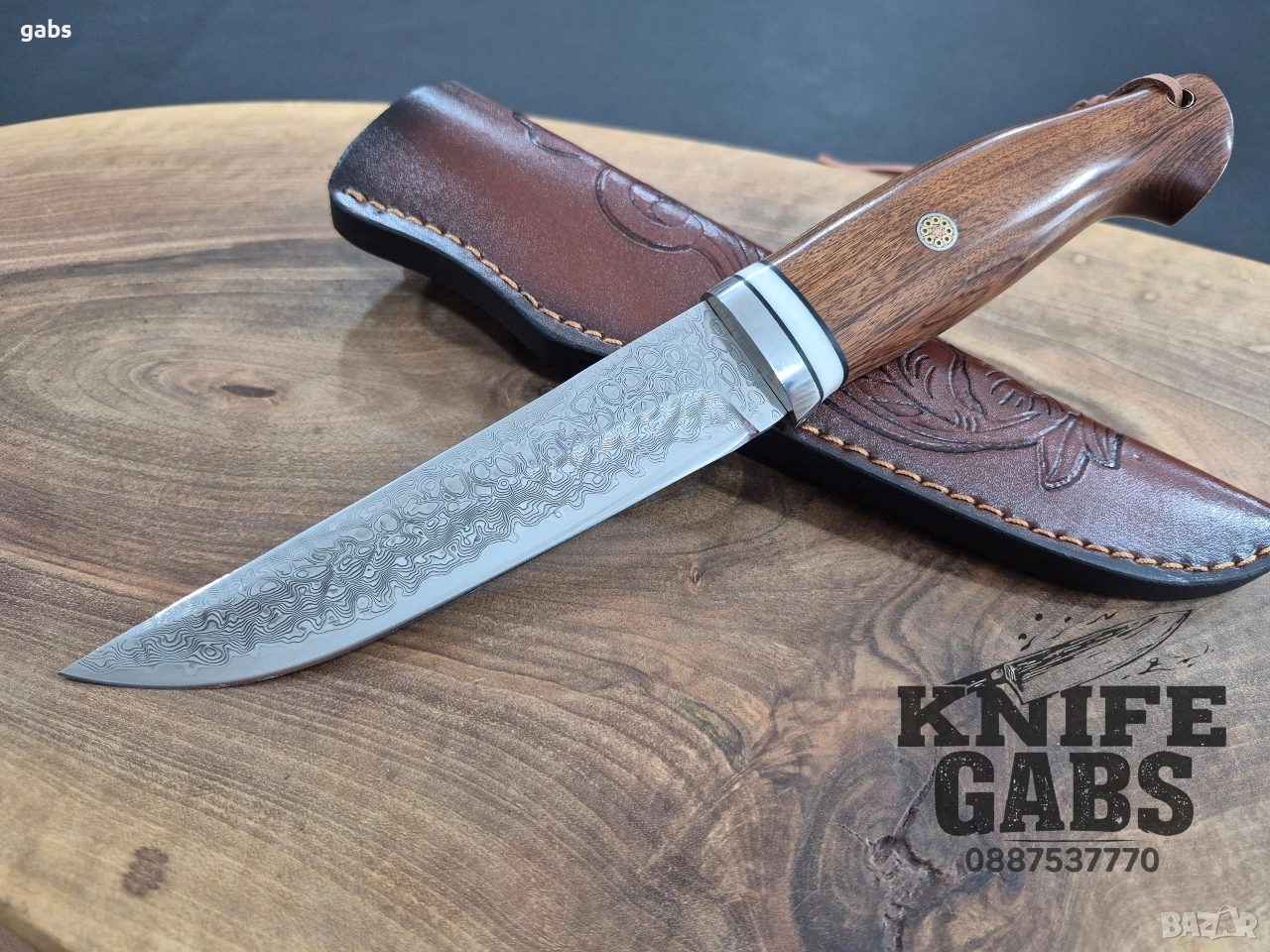 Ловен нож дамаска стомана с кожена кания ,LN435, снимка 1