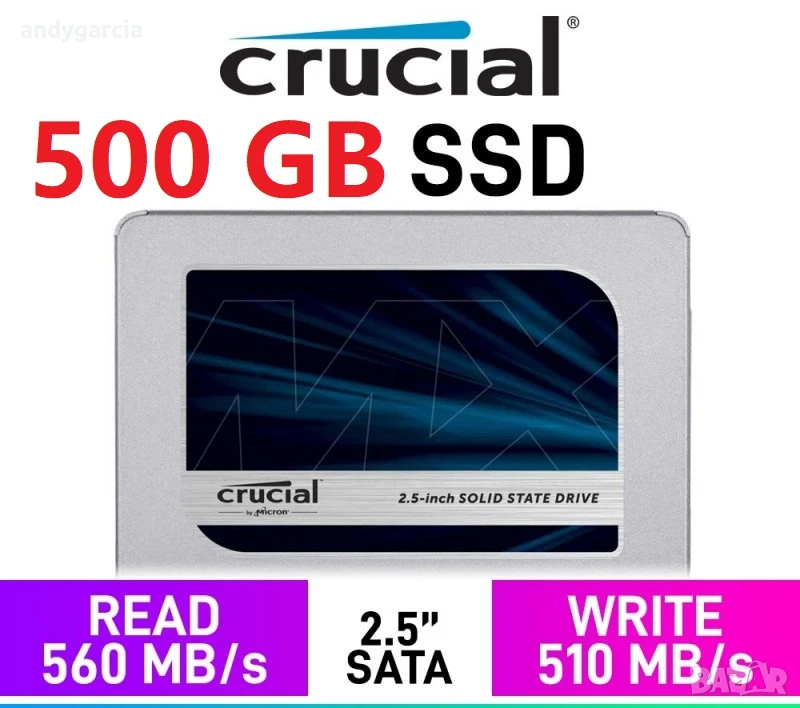 500GB SSD Crucial MX500 3D NAND 2.5 инча SATA III 6.0 Gb/sec ссд диск disk laptop pc лаптоп компютър, снимка 1