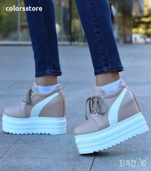 Кецове на платформа - бежови с бяла лента - SJN56, снимка 1