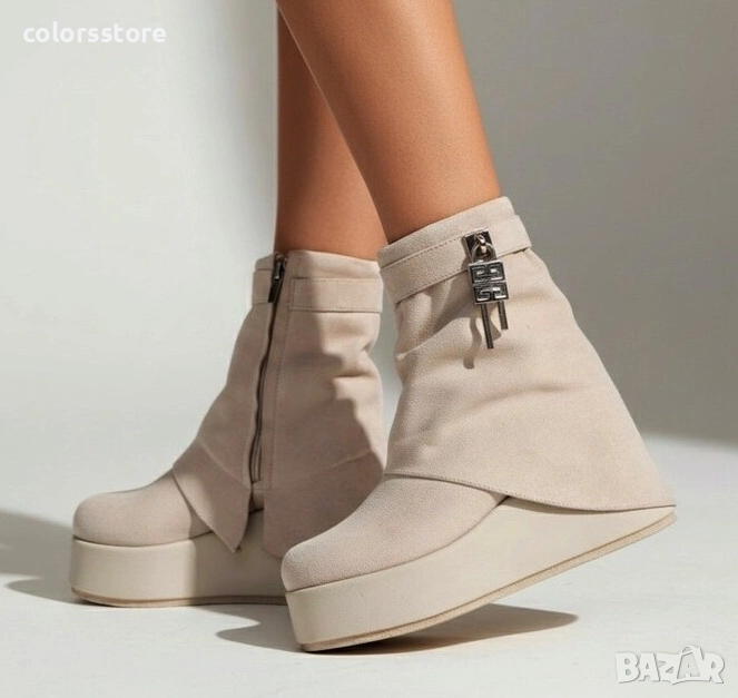 Боти на платформа - бежов велур - DHG55 , снимка 1