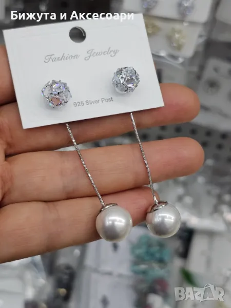 Обеци родий с перли и с кристали - 28425-7, снимка 1