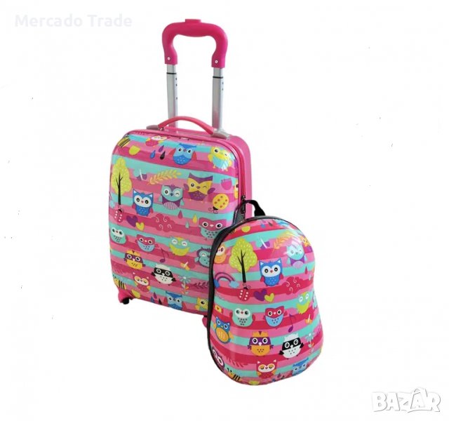 Комплект Mercado Trade, Куфар и раница, За деца, Бухали, Розов, снимка 1
