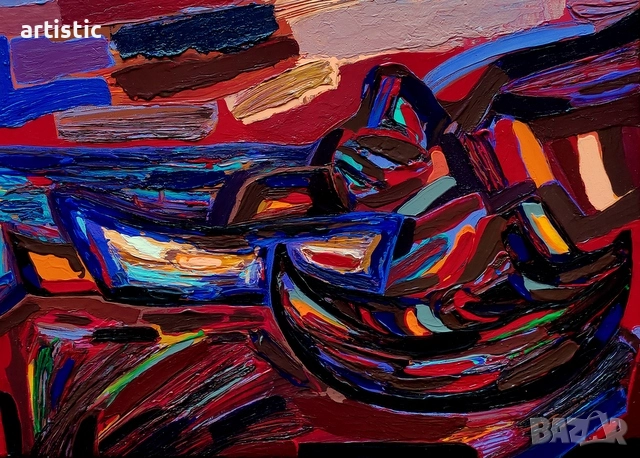 Генко Генков, живописен морски пейзаж - "Лодки", снимка 3 - Картини - 52913531