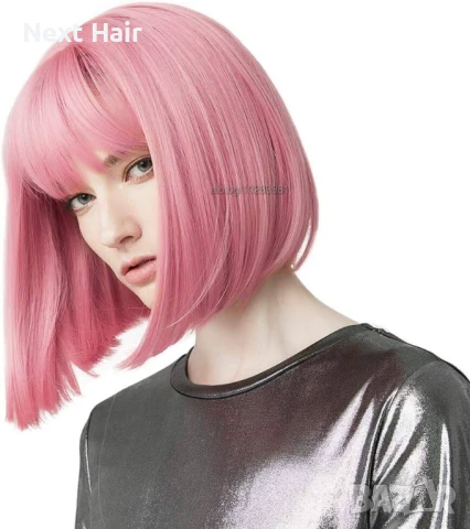 Къса плътна розова перука с бретон, снимка 2 - Аксесоари за коса - 51086907