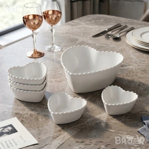 Луксозен комплект порцеланови купи със заоблен релеф - 7 части