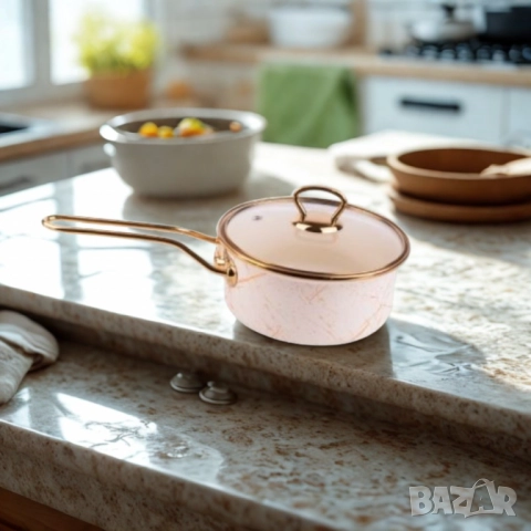 Касерола с капак Goldmann 16x8см. 1.5л./18x9см. 2л. Емайл. Индукция. Бял/Старо злато