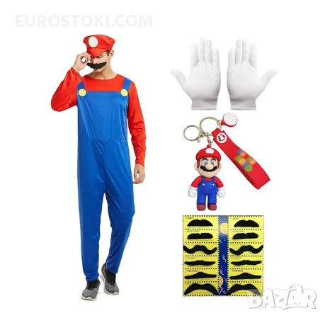 Костюм Super Mario, карнавален костюм Супер Марио за възрастни, 5 части, размер S