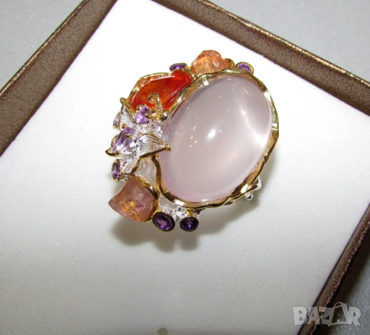 925 Сребърен пръстен с розав кварц 32 карата интересен, снимка 2 - Пръстени - 54053707