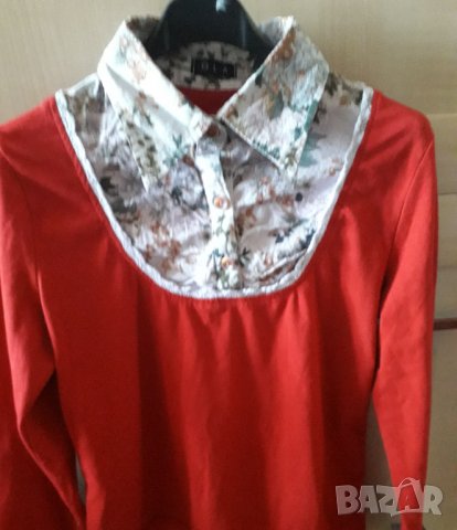 Дамска памучна червена блуза с платка, снимка 7 - Блузи с дълъг ръкав и пуловери - 30105675