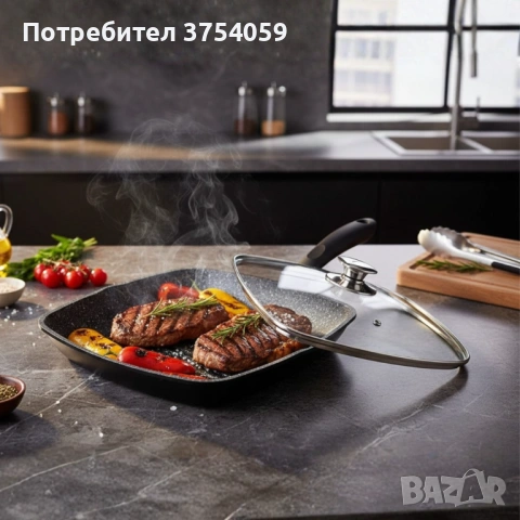 Грил тиган 28см с капак и мраморно покритие Cheffinger – за индукция, с противоплъзгаща дръжка, снимка 2 - Съдове за готвене - 53174836