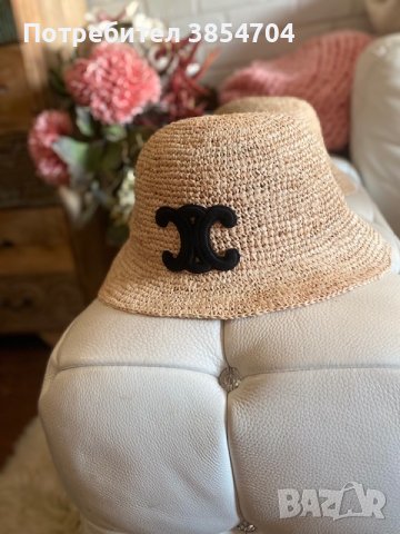 Шапка Celin raffia*налична*Celine TRIOMPHE hat in raphia natural white/ Black
