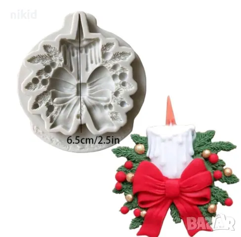 Коледна свещ с пандела и борови клонки коледен силиконов молд форма фондан шоколад торта декор, снимка 2 - Форми - 48032266