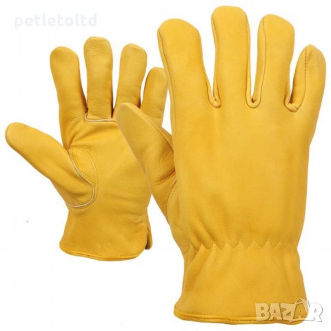 Ръкавици 5-пръста (жълти) от естествена телешка, водоотблъскваща кожа, с подплата, снимка 1 - Екипировка - 30713925