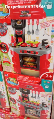 Нова Голяма Детска Кухня със Звук и Светлини Оперираща на Батерии Червена Подходяща възраст 3+