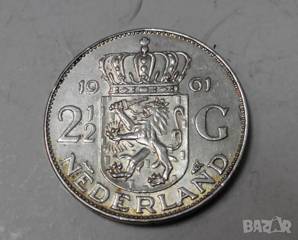 Сребърна монета 2,5 гулдена 1961 г. Холандия, снимка 5 - Нумизматика и бонистика - 30209582