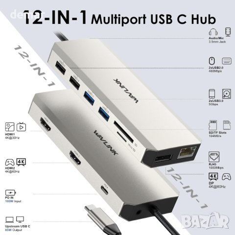 USB C докинг станция за три монитора 2 HDMI+DisplayPort, WAVLINK 100 W, снимка 4 - Кабели и адаптери - 44403542