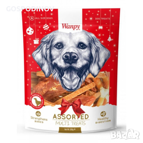Wanpy Christmas Packs 300 г – асорти 4 вкуса пилешко филе, пръчици, кокал, колбаси, снимка 1 - За кучета - 44673481