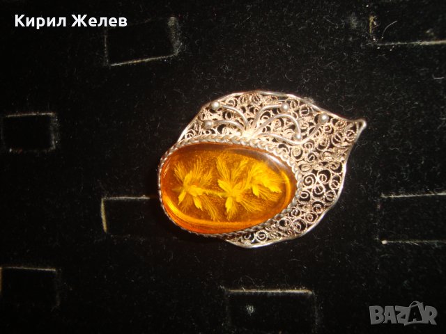 РЕТРО СРЕБЪРНА ФИЛИГРАН със СМОЛА ФЛОРАЛНА БРОШКА ВИСОКА ПРОБА СРЕБРО ГРАНУЛАЦИЯ БИЖУ 8059, снимка 5 - Антикварни и старинни предмети - 30343452