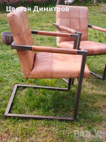 Конзолен трапезен стол в ретро индустриален стил, изработен от естествена кожа и метал. , снимка 4 - Столове - 54179904