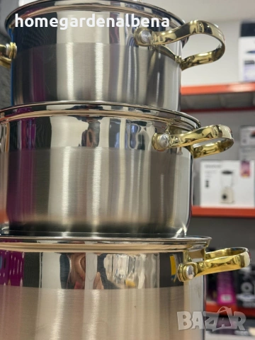 Луксозен комплект тенджери от неръждаема стомана със златни дръжки – 3 броя, снимка 10 - Съдове за готвене - 54166587