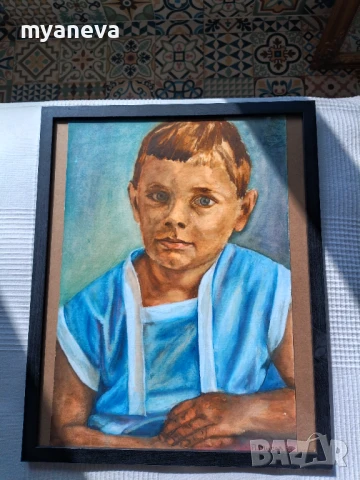 Стара картина , портрет на момче с акварелни бои върху картон в рамка. , снимка 3 - Картини - 50526620