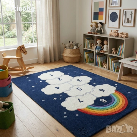 Детски килим "Небесно Приключение" 120х160см – Тъмносин с облачета и дъга, Противоплъзгащ и Миещ се, снимка 5 - Други - 53881710