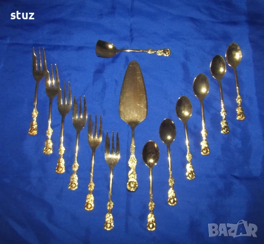 Прибори за кафе, чай, десерт, позлатени, комплект 14 части, снимка 1