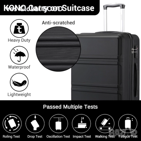 KONO твърд куфар на колелца 36 л с TSA ключалка черен, снимка 3 - Куфари - 52332907