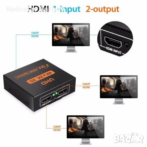 2-посочен HDMI превключвател сплитер 1 вход към 2 изхода за 4K 3D 1080 HDCP HDTV PC , снимка 3 - Стойки, 3D очила, аксесоари - 47992100