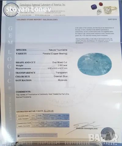 Неонов син Параиба турмалин - 2.08кт.! Сертификат! Нов!, снимка 4 - Други - 48075798