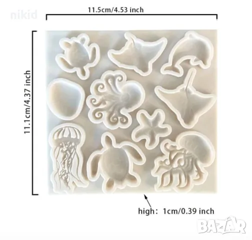 морски животни медуза октопод делфин костенурка морска звезда мида силиконов молд форма фондан гипс, снимка 2 - Форми - 49839491