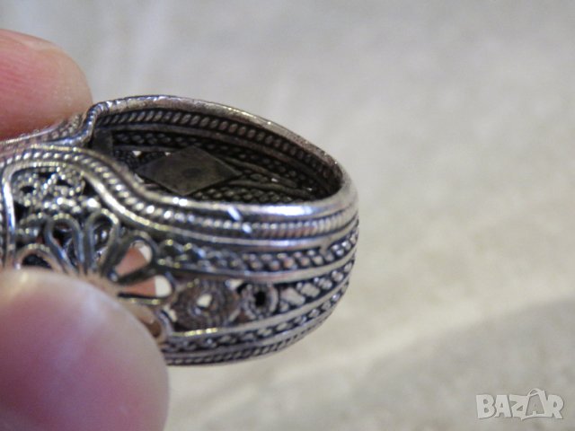 стар мъжки сребърен пръстен, стар голям османски величествен пръстен с филигран син камък, турски, снимка 9 - Пръстени - 29453542