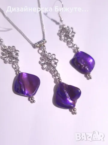 Прекрасен Седефен комплект бижута обеци и колие с лилав естествен седеф и орнаменти цвят сребро , снимка 5 - Колиета, медальони, синджири - 48895464