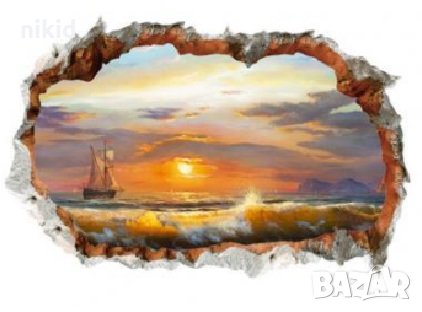  3D залез Море с лодка небе дупка лепенка за стена стикер самозалепващ, снимка 3 - Други - 33744912