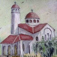 Църквата в Обеля маслена картина платно Аделин Василев , снимка 2 - Картини - 39166633