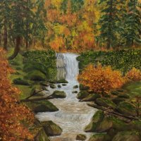Картина с маслени бои Водопад през есента, снимка 1 - Картини - 30485231