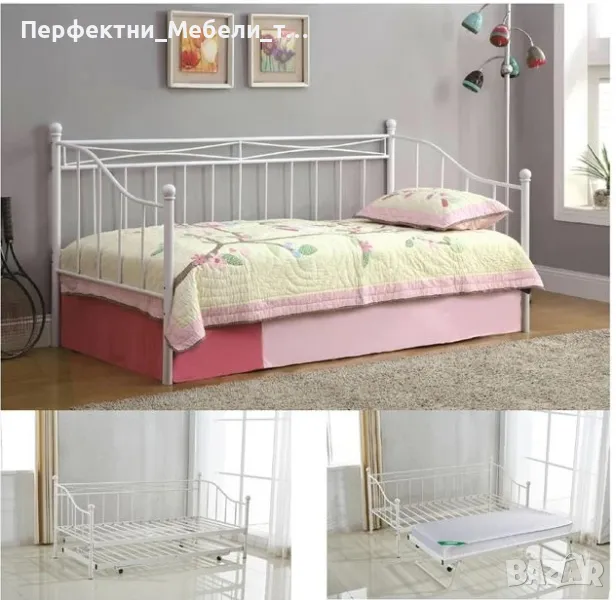 Метално единично с допълнителнониво бяло легло, снимка 1