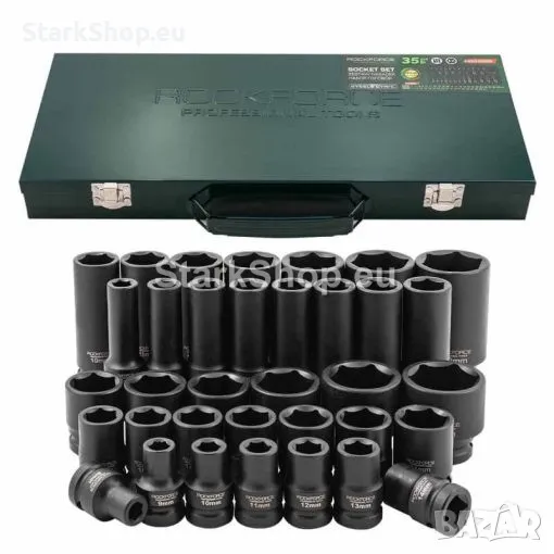 Професионален Комплект Ударни Вложки 1/2″ 35 Части ROCKFORCE от 6-32мм Средни и Дълбоки в Метален Ку, снимка 1