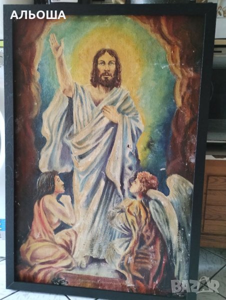 Стара маслена картина платно Икона ХРИСТОС- УНИКАТ -ГОЛЯМА, снимка 1