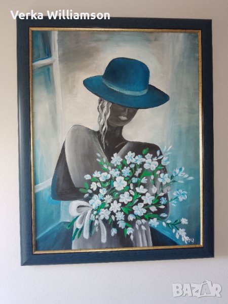 Мадоната с шапка - маслена картина в бяло и тюркоаз, снимка 1