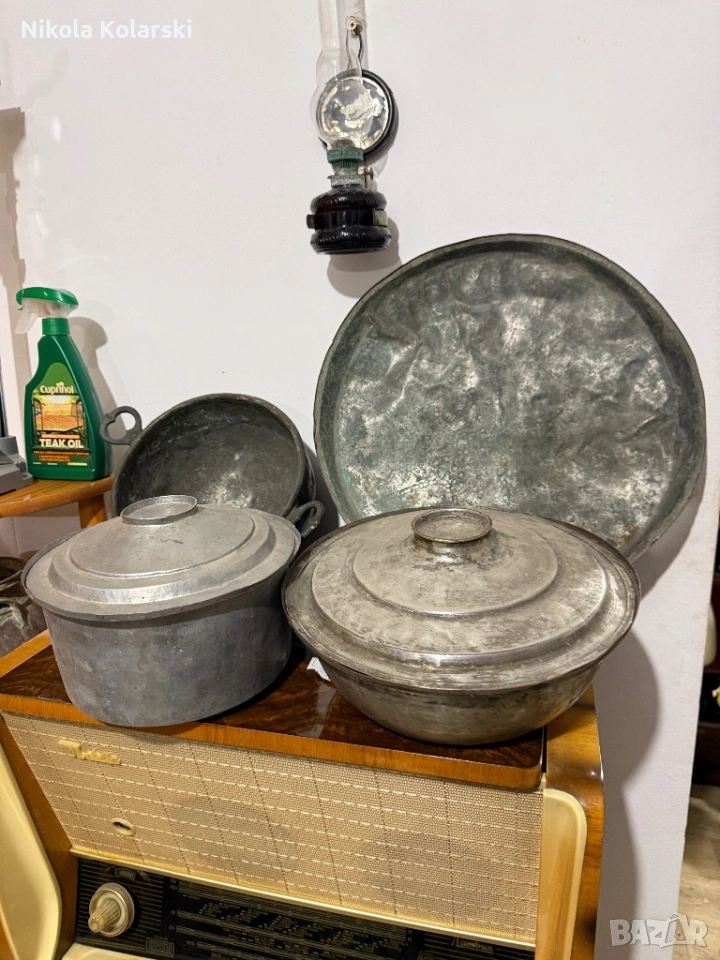 Старинки, медни/бакърени тенджери, синия, синджир и букай, снимка 1