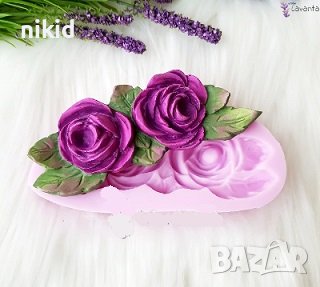 2 рози божур роза с листа силиконов молд форма фондан декор, снимка 1