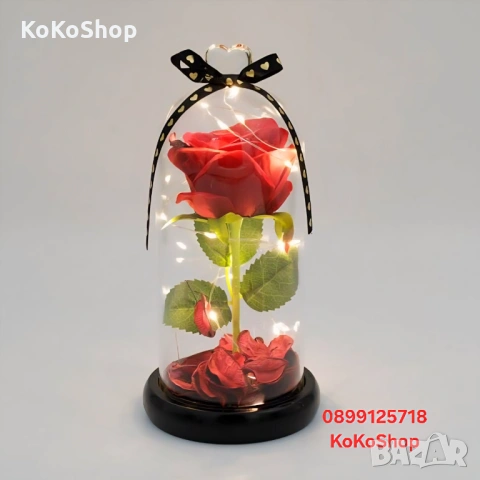 Роза в стъклен купол с LED светлини – подарък за Свети Валентин, снимка 2 - Декорация за дома - 53327694