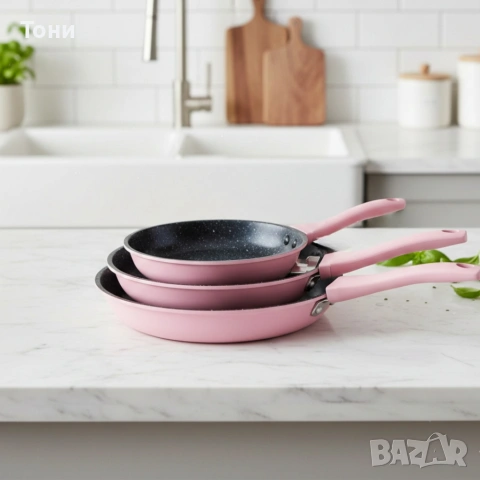 Комплект тигани Cheffinger розово с мраморно покритие – 3 части за всяка кухня - розов цвят, снимка 5 - Прибори за хранене, готвене и сервиране - 53158673