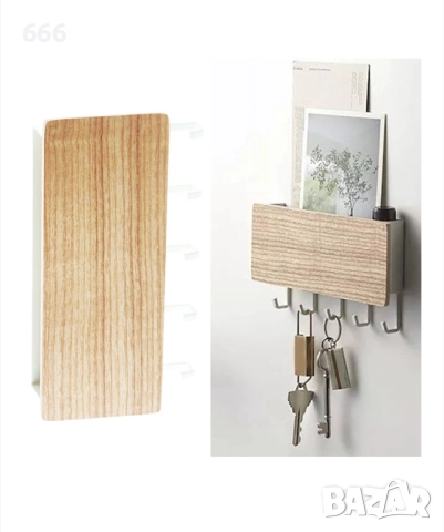 Ключодържател за стена, 5 куки, Естествено дърво, 18x2,6x9,6 см, снимка 2 - Други стоки за дома - 52579378