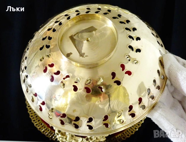 Повдигната бронзова фруктиера с Паун,цветен клетъчен емайл. , снимка 3 - Антикварни и старинни предмети - 52417558