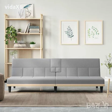 vidaXL Разтегателен диван с поставки за чаши, светлосив, плат, снимка 2 - Дивани и мека мебел - 56147261