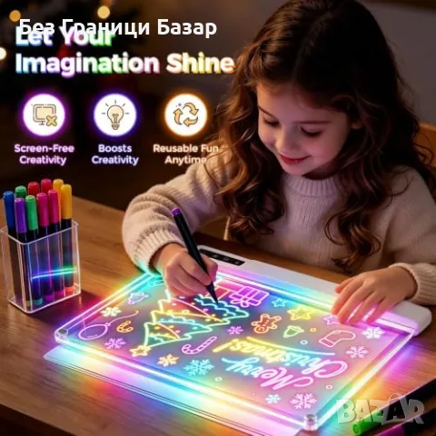 Нова Светеща LED Дъска за Деца 16" Рисуване Писане 14 Маркера 2000mAh Идеален подарък, снимка 4 - Образователни игри - 55959420