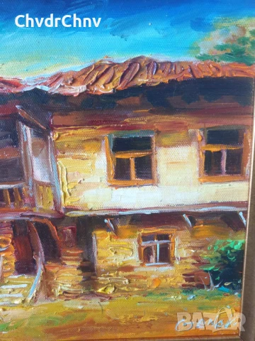 Димитър Генев 33x27см/малка българска картина масло върху платно/стара къща край морето, снимка 5 - Картини - 51153015