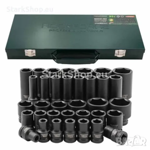 Професионален Комплект Ударни Вложки 1/2″ 35 Части ROCKFORCE от 6-32мм Средни и Дълбоки в Метален Ку